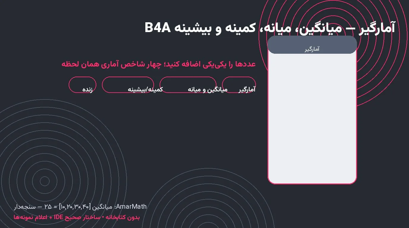 سورس آمارگیر — میانگین، میانه، کمینه و بیشینه در Basic4Android