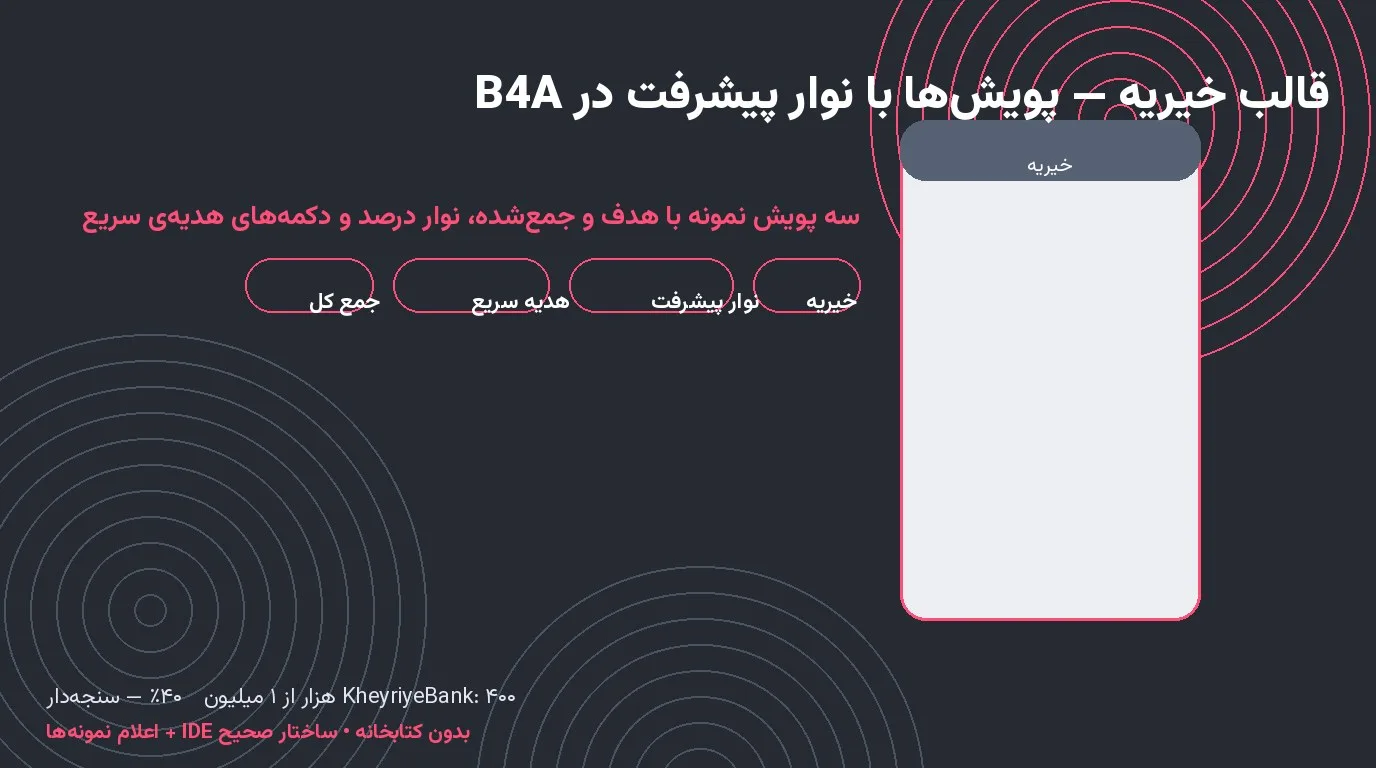 قالب خیریه — پویش‌ها با نوار پیشرفت و هدیه‌ی سریع در Basic4Android
