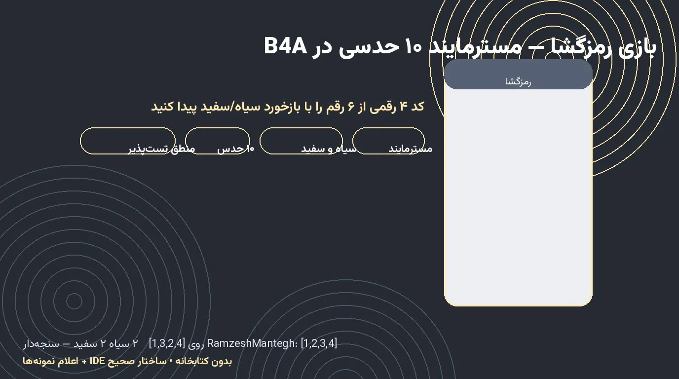 بازی رمزگشا — مسترمایند با بازخورد سیاه و سفید در Basic4Android