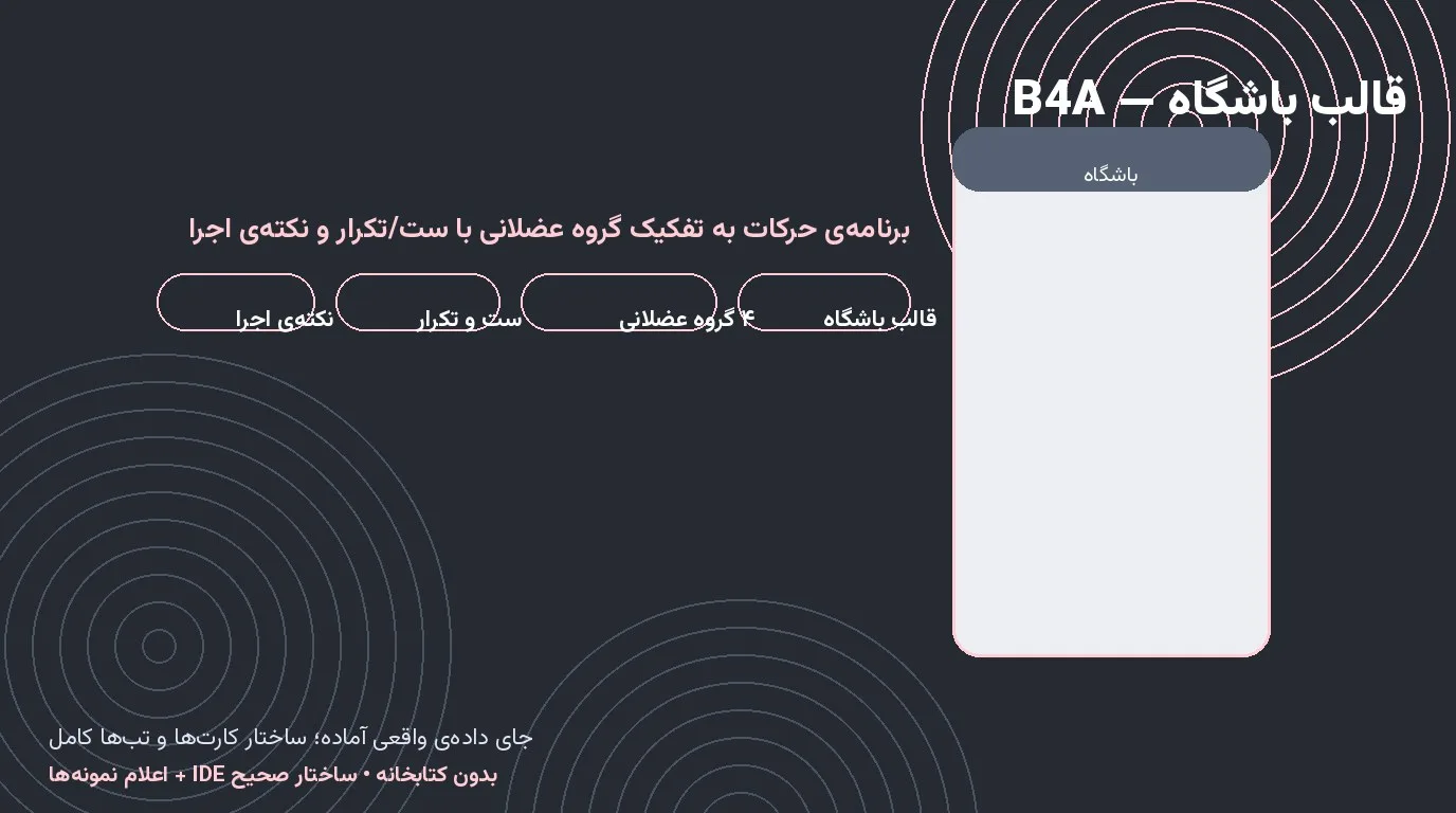 قالب باشگاه — برنامه‌ی حرکات به تفکیک گروه عضلانی با ست/تکرار و نکته در Basic4Android