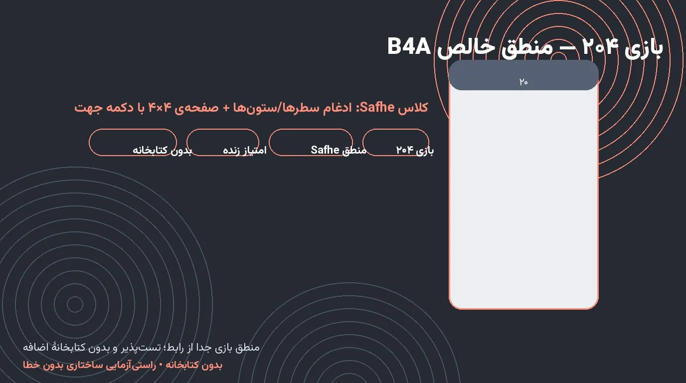 بازی ۲۰۴ — منطق خالص و رابط ۴×۴ در Basic4Android بدون کتابخانه