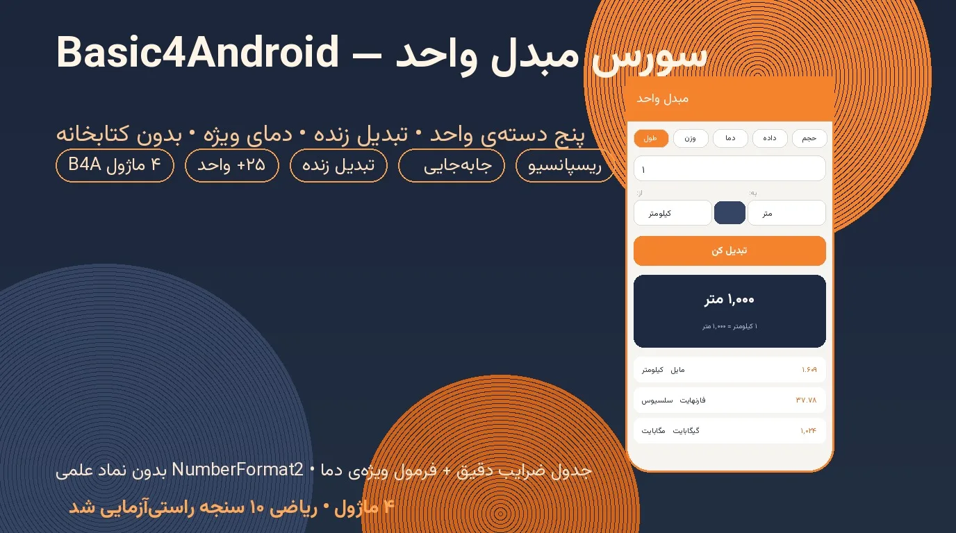 سورس مبدل واحد — Basic4Android آفلاین با پنج دسته (طول، وزن، دما، داده، حجم) و تبدیل زنده