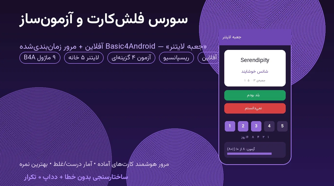 سورس فلش‌کارت و آزمون‌ساز «جعبه لایتنر» — Basic4Android آفلاین با مرور زمان‌بندی‌شده