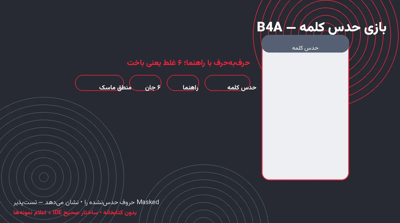 بازی حدس کلمه — حرف‌به‌حرف با راهنمای فارسی و ۶ جان در Basic4Android