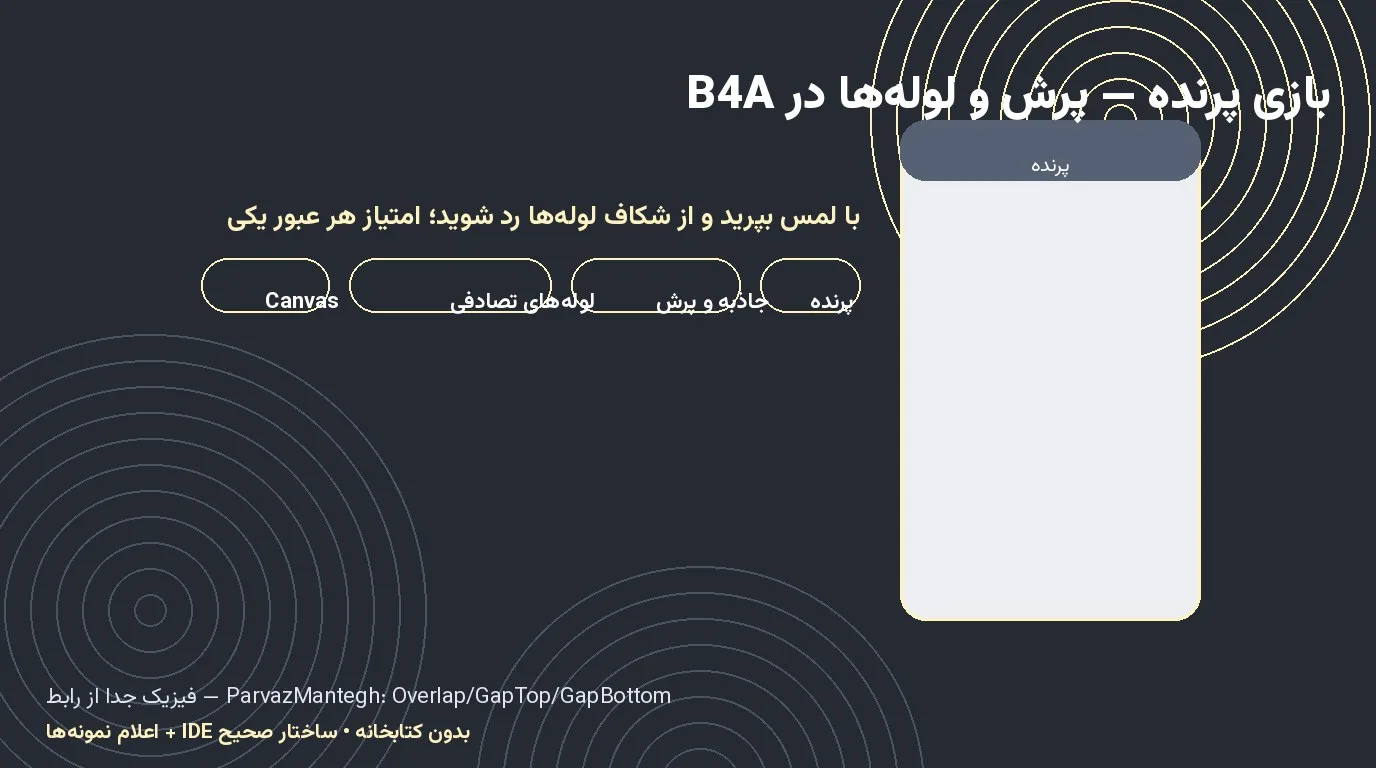 بازی پرنده — پرش از میان لوله‌ها روی Canvas در Basic4Android