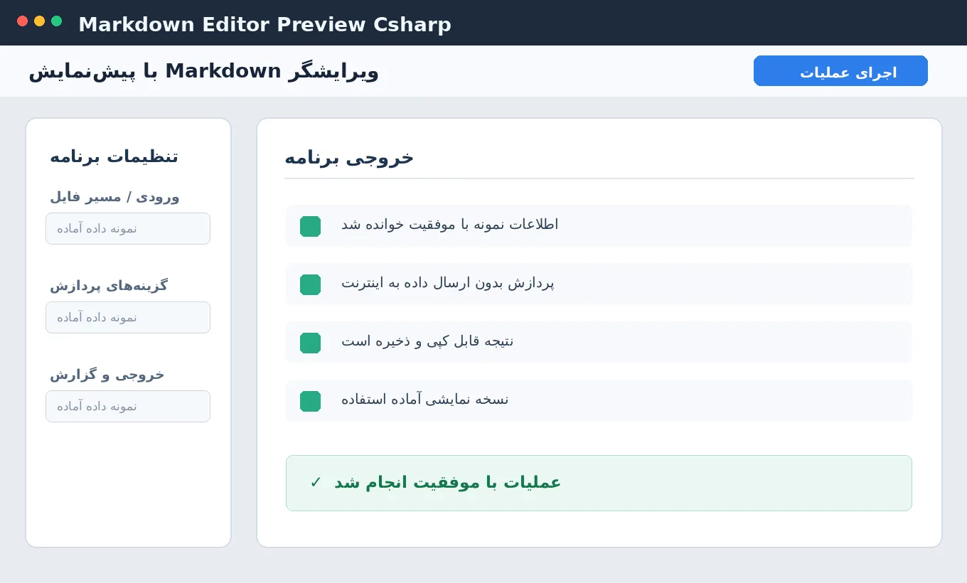 ویرایشگر Markdown با پیش‌نمایش — برنامه ویندوز با سورس C# — تصویر محیط برنامه